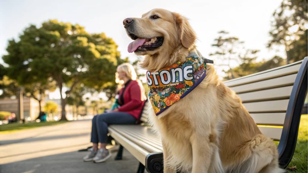 Golden Retriever with colorful bandana, sitting on park bench, sunny day, trees in background, BESTONE branding, happy dog, relaxed atmosphere, outdoor park, woman sitting nearby.