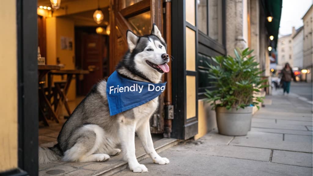 Husky dog sitting by doorway, wearing blue bandana, friendly dog, outdoor sidewalk, BESTONE branding, potted plant, urban setting, restaurant entrance, relaxed pet.