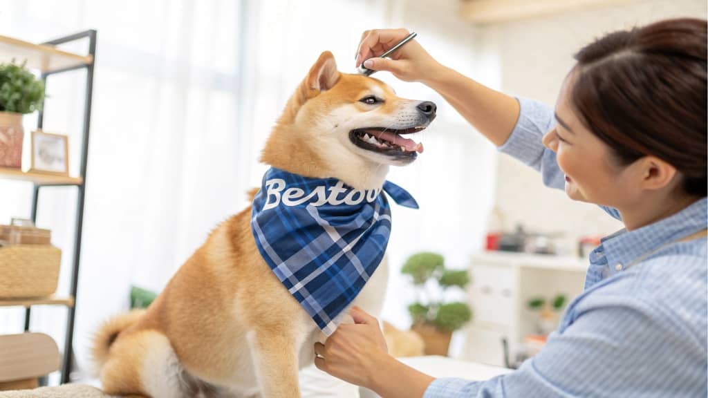 Shiba Inu dog wearing blue plaid bandana, owner grooming dog, happy expression, bright room, BESTONE branding, stylish decor, smiling pet, friendly interaction, cozy home.