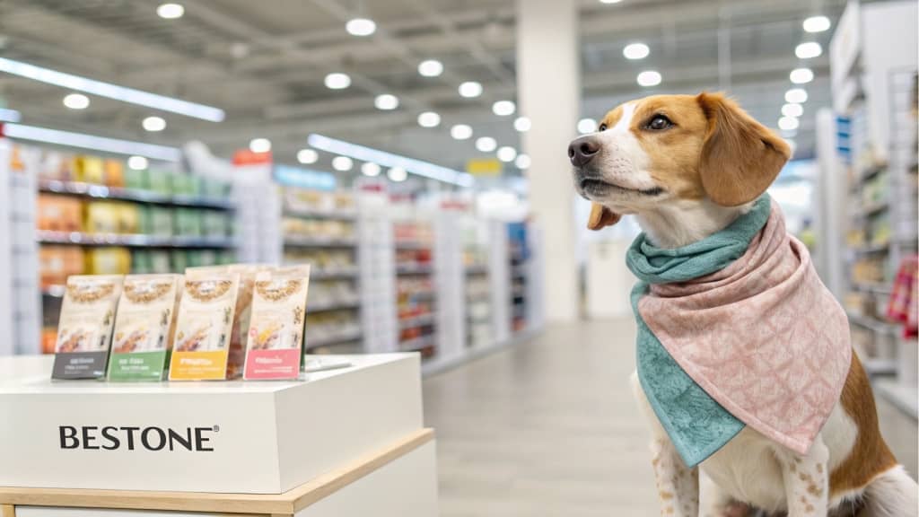 Beagle dog wearing pink bandana, standing in pet store, BESTONE branding, colorful product display, bright lighting, pet-friendly shop, stylish accessories, dog bandana, retail environment.