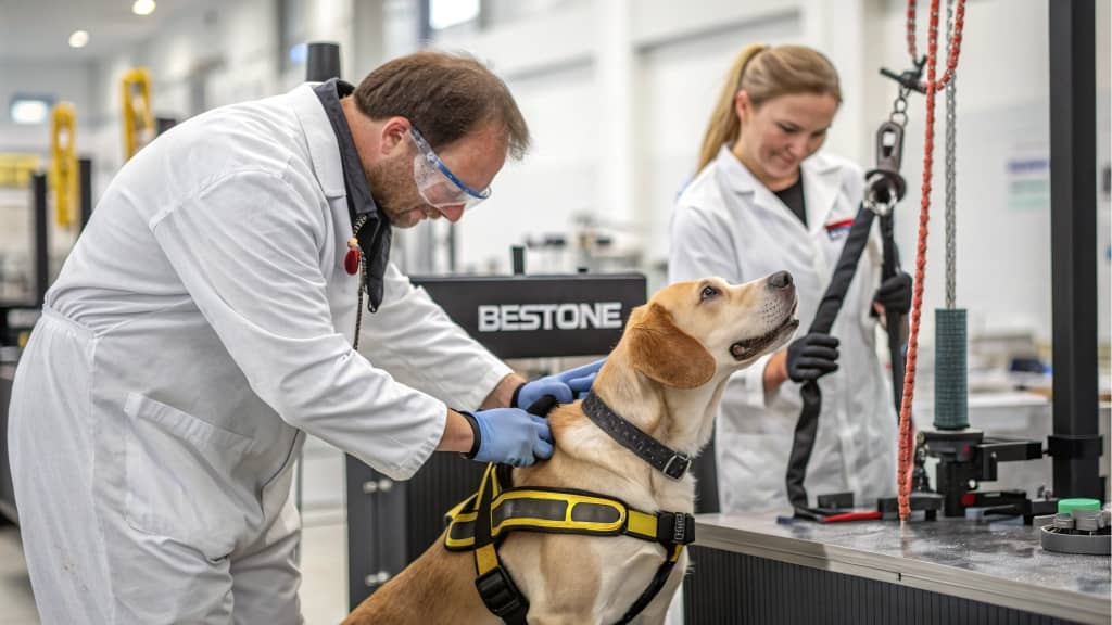 Scientists testing dog harness, laboratory environment, safety checks, yellow harness, professional equipment, pet product testing, research and development, team collaboration, innovation, quality assurance.