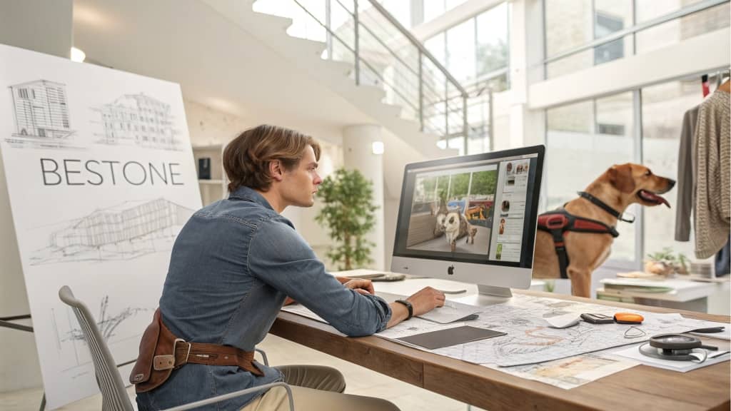 Designer at desk, computer screen, dog in harness, architectural drawings, modern office, creative workspace, natural lighting, dog-friendly office, digital design, project planning.