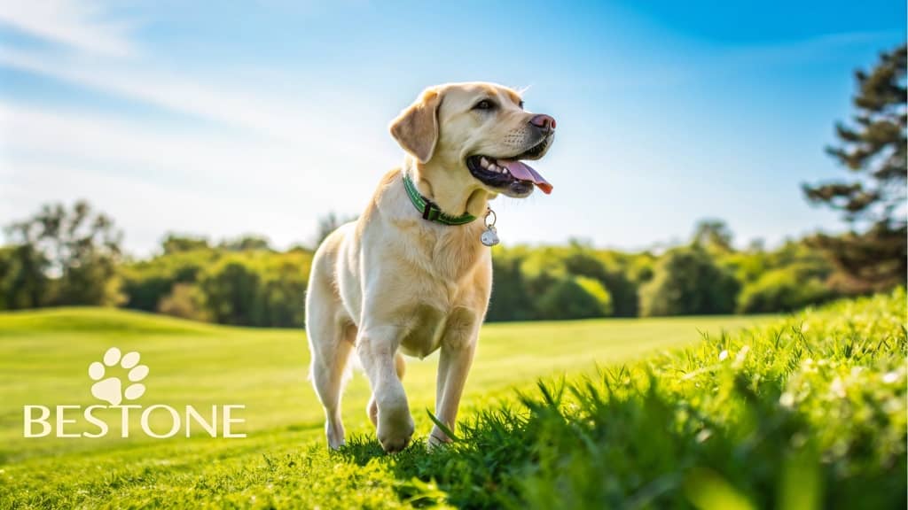 Labrador, green field, sunny day, leash, blue sky, happy dog, BESTONE logo, nature, grass, landscape.