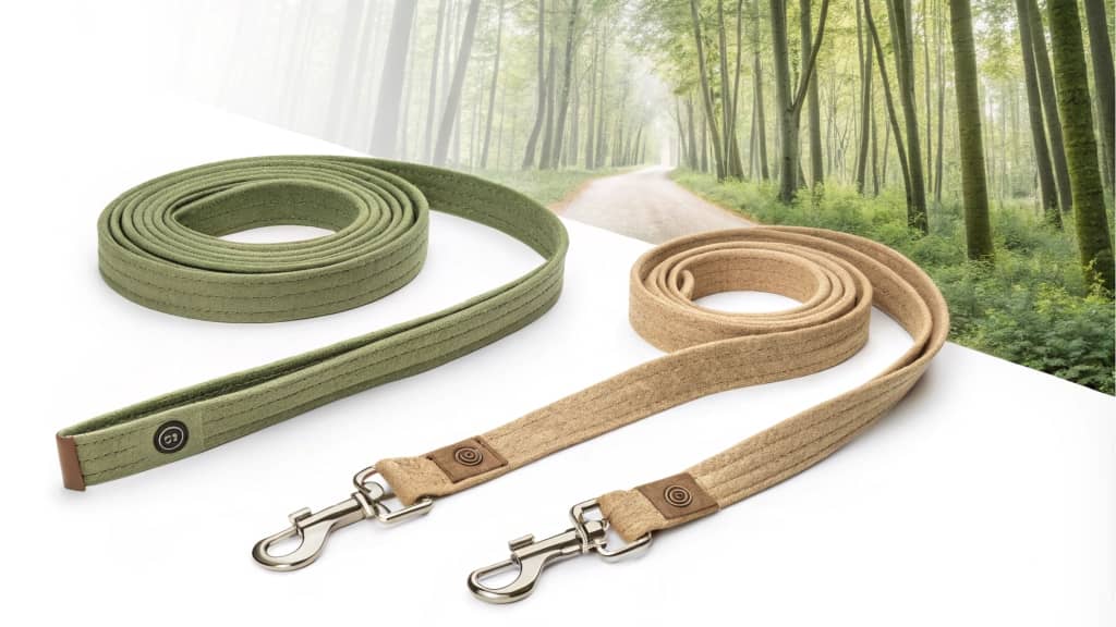 Green leash, beige leash, eco-friendly material, forest background, dog walking accessories, sustainable design, outdoor setting, minimalist style, durable leashes, metal clasps.