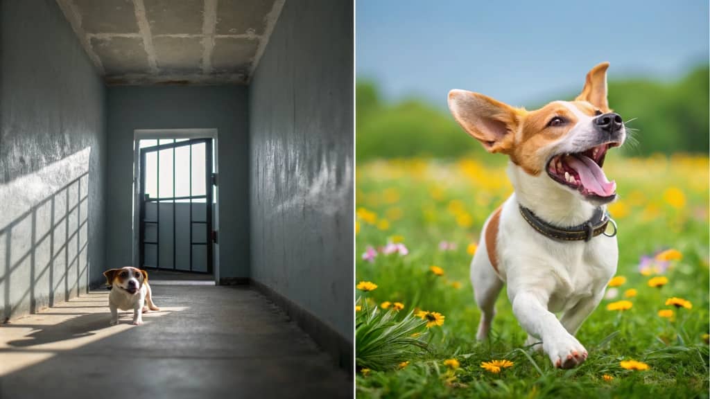 Rescue dog in shelter, open door, running dog, Jack Russell, flowers, grass, happiness, freedom, nature, sunlight.