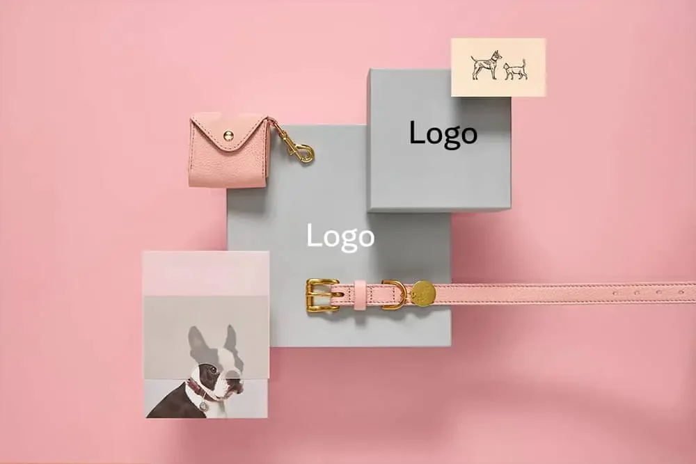 Pink dog accessory set including a box, card, buckle, and wallet on pink surface. Features dog illustrations and logo text.