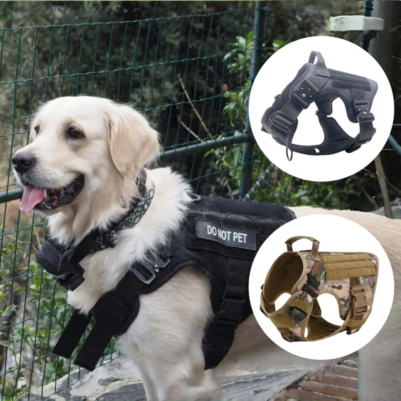 Golden retriever wearing a black service dog vest with 'Do Not Pet' label, alongside images of two alternative vests.