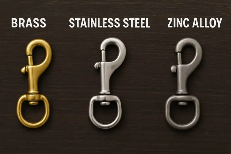 Three swivel hooks made of brass, stainless steel, and zinc alloy displayed against a dark background, labeled accordingly.