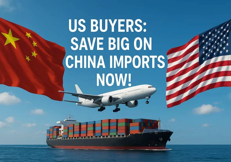 Airplane flying over a cargo ship with China and US flags, promoting import savings.