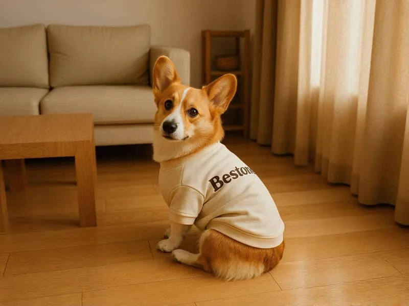 Cão Corgi sentado num chão de madeira, vestindo uma t-shirt bege com a inscrição 'Beston', numa sala acolhedora com sofá e cortinas.