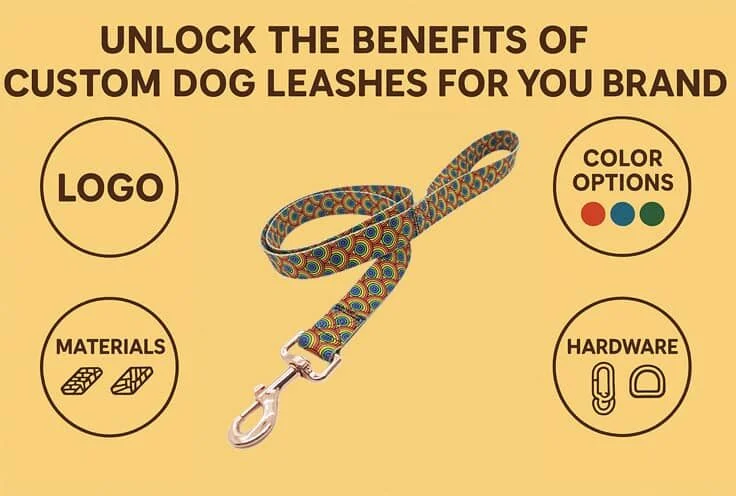 Custom dog leash with colorful pattern and branding options such as logo, materials, color options, and hardware.