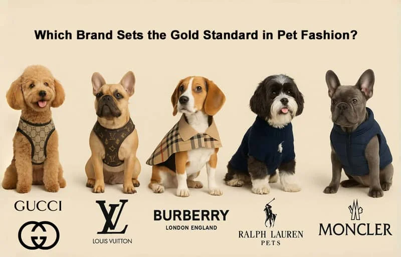 Five dogs in designer outfits from brands like Gucci and Burberry, showcasing luxury pet fashion.