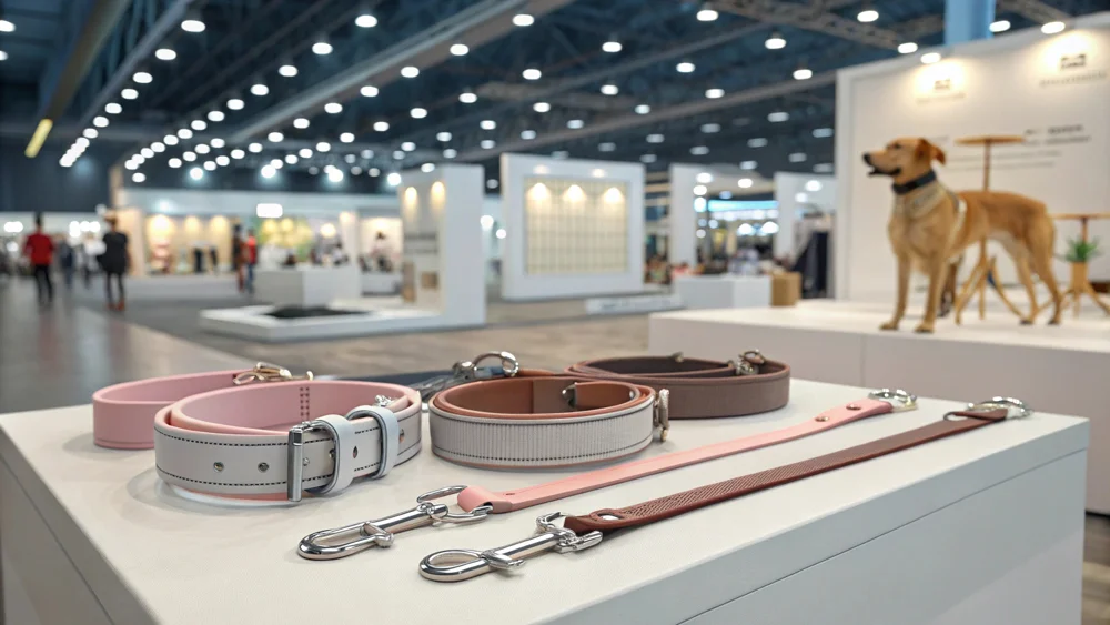 Assorted dog collars and leashes on display at an exhibition event. A dog in the background stands on a platform.
