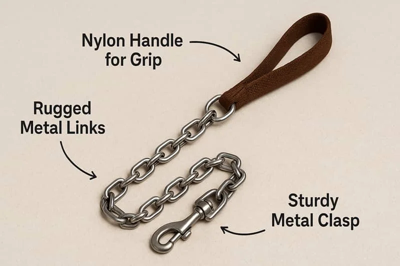 Trela para cães com uma pega de nylon, elos de metal robustos e um fecho de metal resistente sobre um fundo liso.