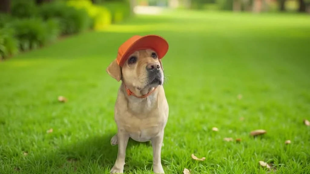 Сидящая на зеленой траве собака в оранжевой шляпе в окружении пышного сада. Собака выглядит расслабленной и игривой.
