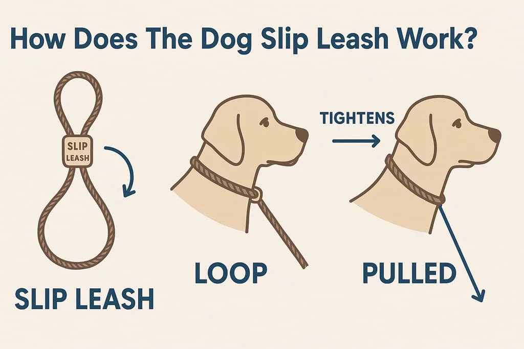 Diagram showing how a dog slip leash works: a slip leash forms a loop around a dog's neck and tightens when pulled.
