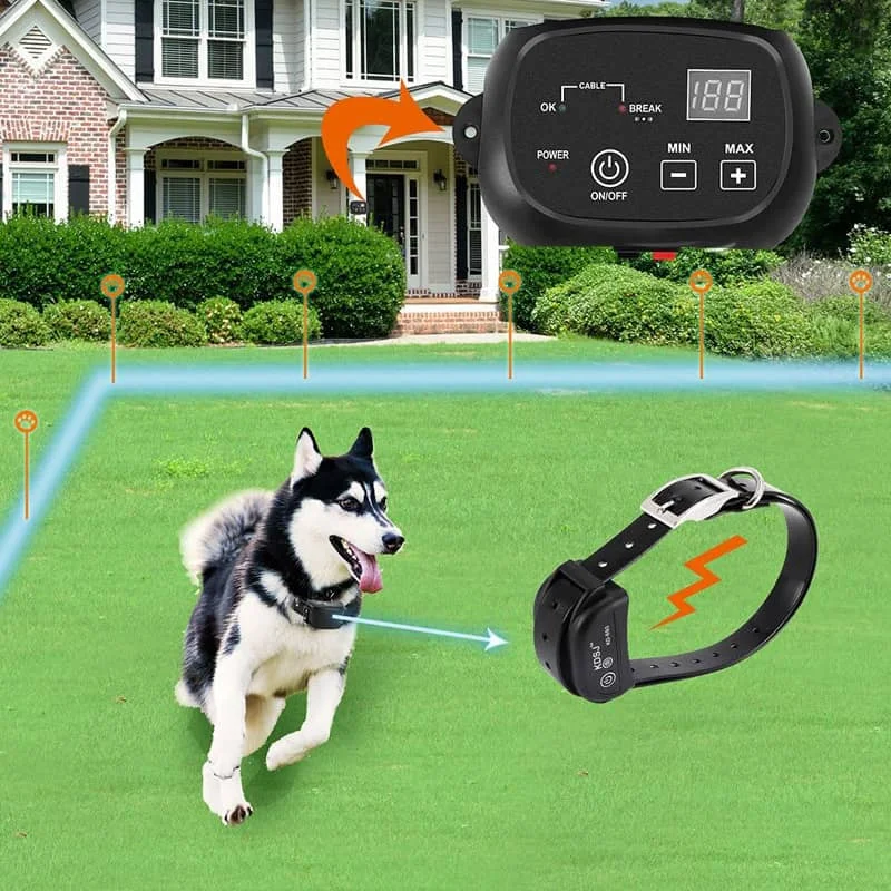 Husky dog running freely in a yard with a wireless fence system. Includes a control unit and collar diagram.
