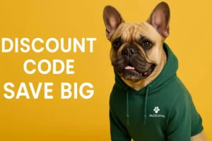 French bulldog wearing green hoodie against yellow background, with text 'DISCOUNT CODE SAVE BIG' to the left.