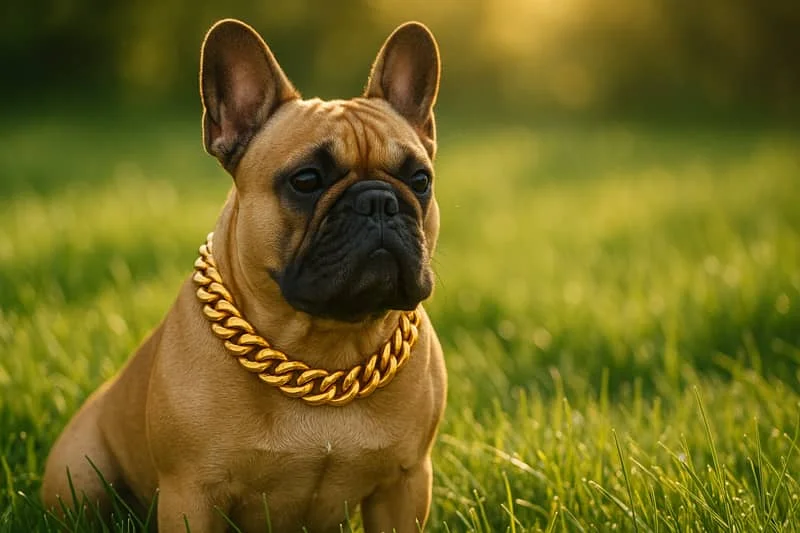 French bulldog sitting in grass wearing a thick golden chain, looking alert with ears perked up in a sunny outdoor setting.