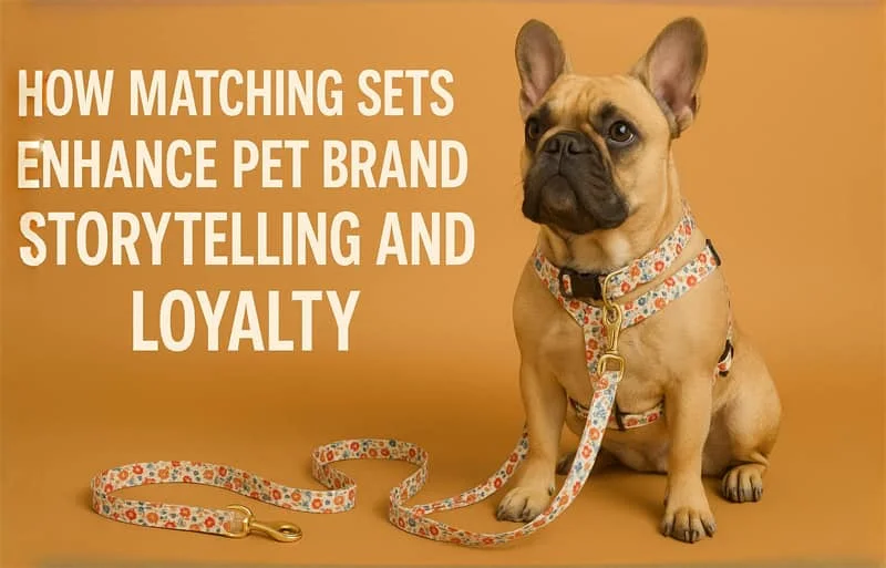 French bulldog wearing a floral matching leash and harness set against an orange background next to promotional text.