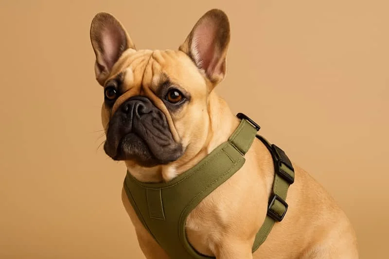 A tan French bulldog wearing a green harness, sitting against a beige background.