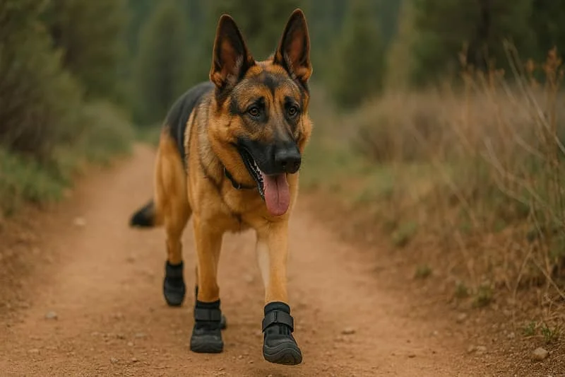 German Shepherd wearing black hiking boots walks on a dirt trail surrounded by greenery.