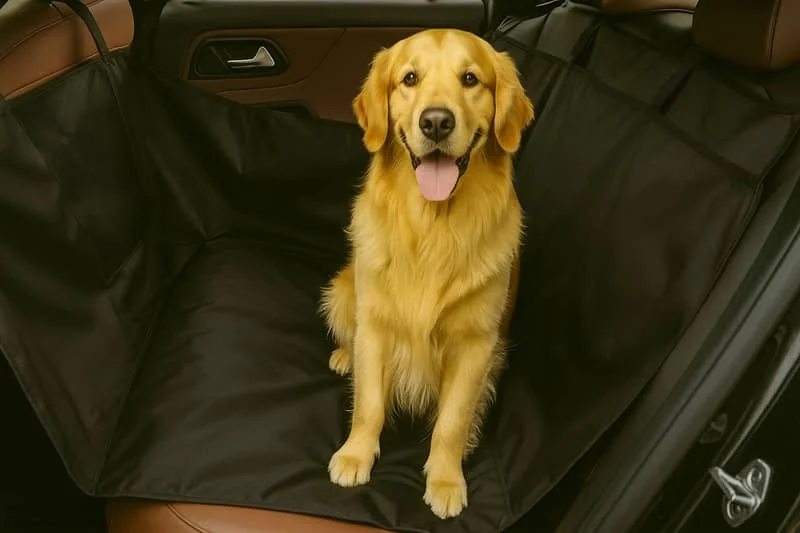 Golden retriever sitting on a black car seat cover in the back seat of a vehicle, looking happy with tongue out.