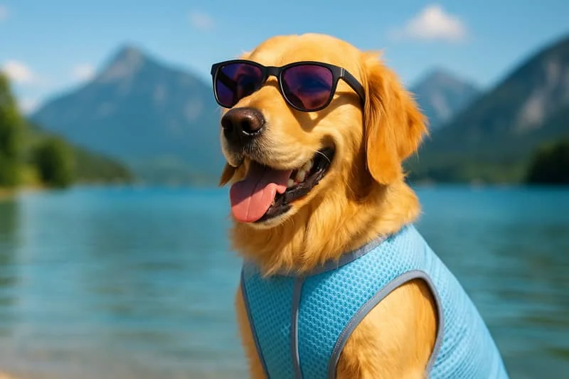 Golden retriever wearing sunglasses and a vest, sitting near a lake with mountains in the background.