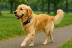 Golden retriever with a collar walks along a paved path in a green park, showing relaxed posture and happy demeanor.