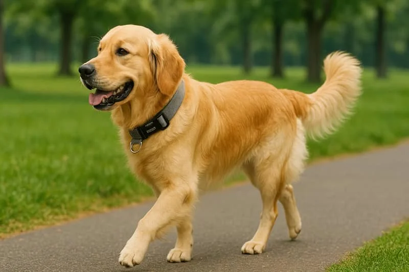 Golden retriever com coleira caminha ao longo de um caminho pavimentado num parque verde, mostrando uma postura descontraída e um comportamento feliz.