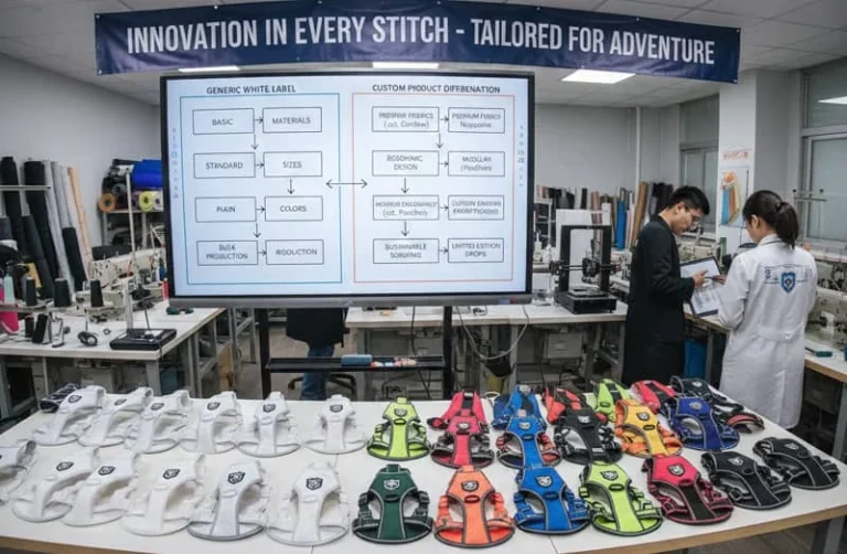 Clothing design lab with strategic planning board. Two people discuss near sewing machines, surrounded by colorful garments.