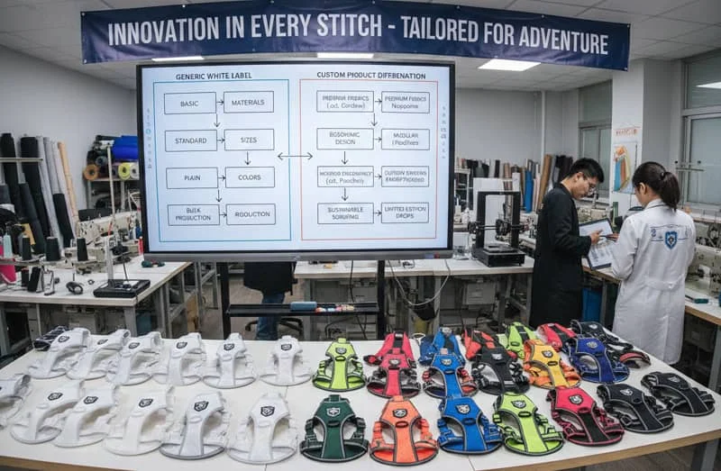 Clothing design lab with strategic planning board. Two people discuss near sewing machines, surrounded by colorful garments.