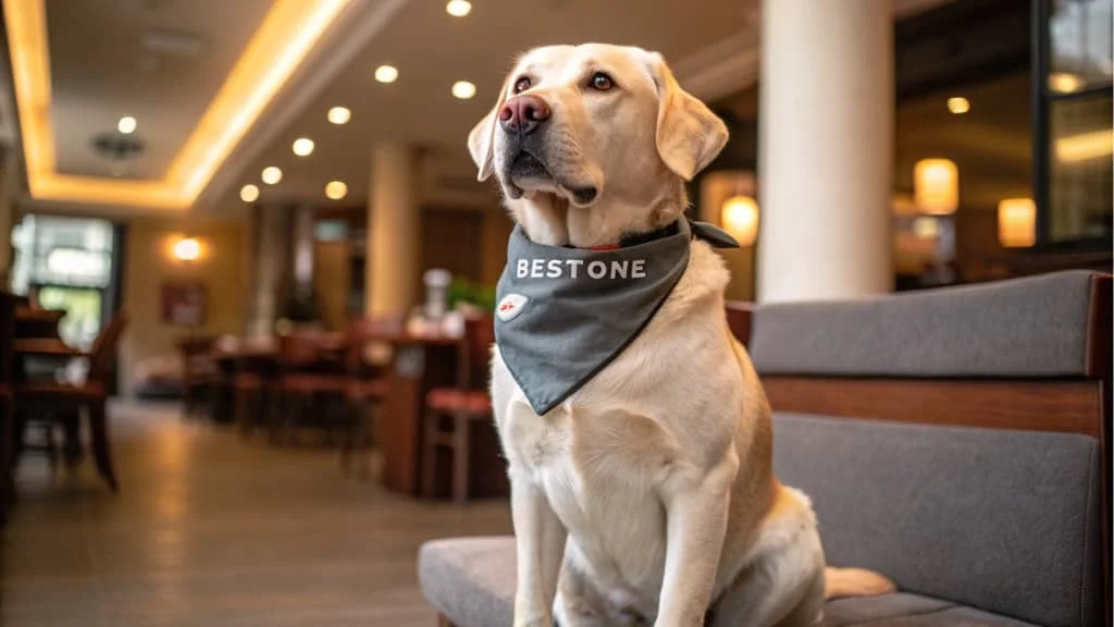 Labrador dog wearing a bandana labeled 'BESTONE' sitting on a bench in a warmly lit cafe.