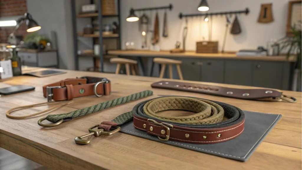Leather dog collars, leashes, and accessories displayed on a wooden table in a workshop setting with shelves and tools in the background.