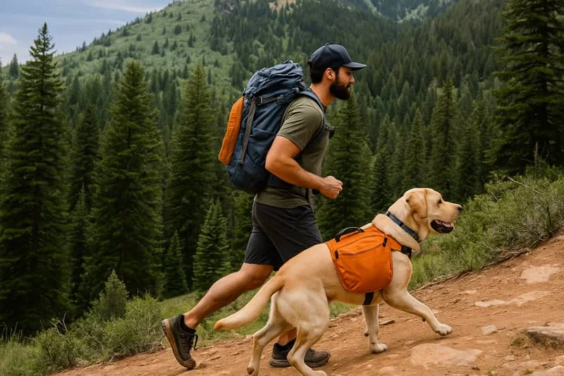 A man wearing hiking gear and a backpack walks uphill with a Labrador retriever carrying a dog backpack in a forested mountain area.