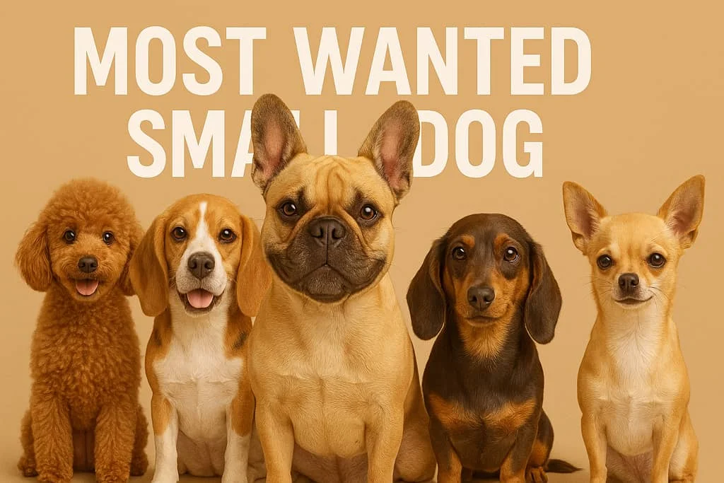 Five small dogs sitting against a beige background with 'Most Wanted Small Dog' text above them.