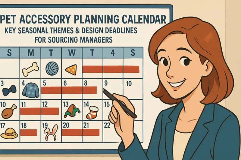 Illustration of a pet accessory planning calendar with various themes and design deadlines, pointed at by a person with a pen.