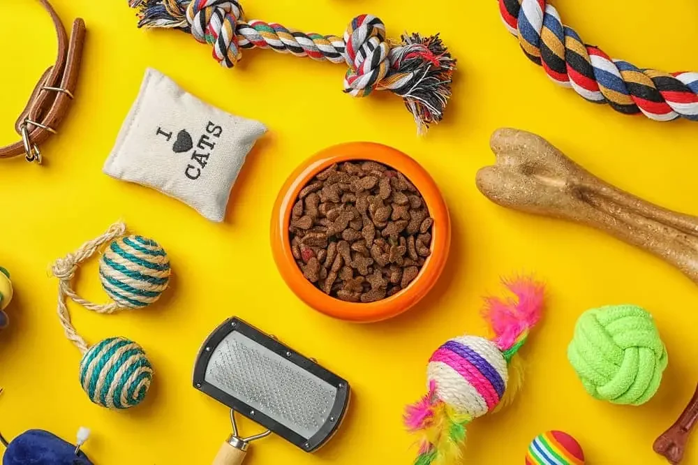 Various pet supplies including cat and dog toys, food in an orange bowl, and a bone arranged on a yellow background.
