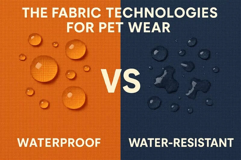 Graphic illustrating the difference between waterproof and water-resistant technologies for pet wear with droplets on colored backgrounds.