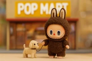 Симпатичная игрушечная фигурка в костюме коричневого зайчика держит маленькую вязаную собачку перед магазином Pop Mart.