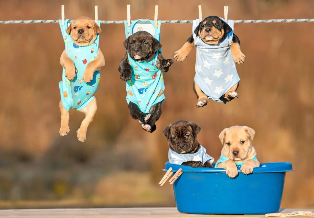 Four puppies hanging in blue outfits from a clothesline and two puppies in a blue tub, outdoors.