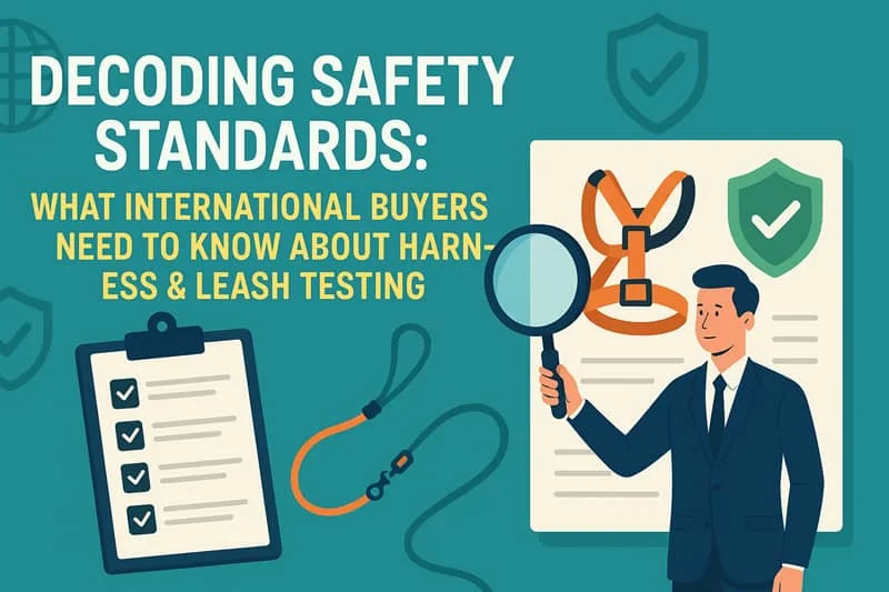 Illustration of a person with a magnifying glass examining a checklist and harness, with text about safety standards for international buyers.