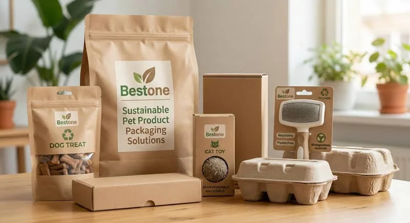 Assortment of sustainable pet products, including treats and toys, in eco-friendly packaging on a wooden table.