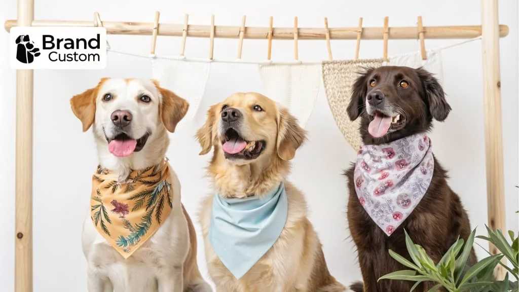 Three dogs wearing colorful bandanas, BESTONE branding, playful pets, Golden Retriever, Labrador, and dark brown dog, wooden backdrop, friendly dogs, stylish accessories, happy expressions.