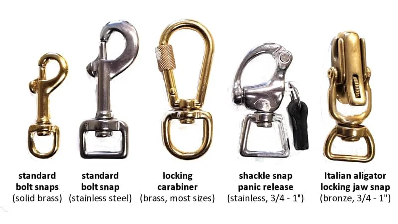 Five types of snap hooks including standard bolt snaps in brass and stainless steel, locking carabiner, shackle snap panic release, and Italian alligator locking jaw snap.