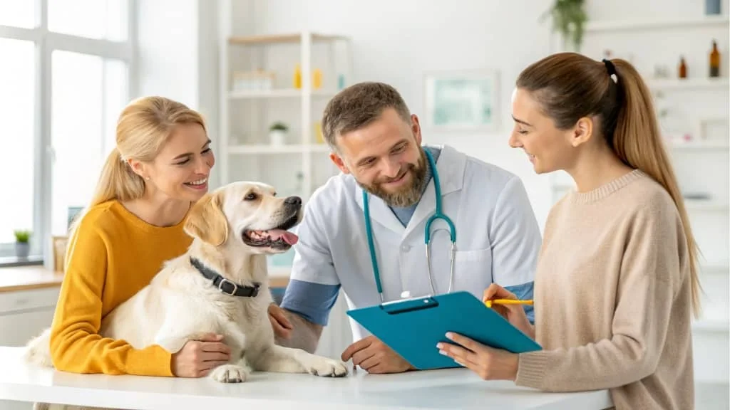A veterinarian in a white coat consults with two dog owners seated beside a Labrador in a clinical setting.