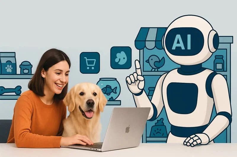 Woman and golden retriever at a laptop, discussing AI-driven pet shopping solutions, with illustrated AI robot in background.
