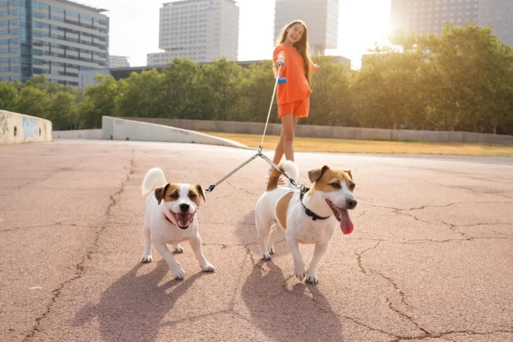 Woman in orange outfit walking two dogs on leashes in an urban park with trees and tall buildings in the background.